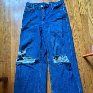 FRAME x Anthropologie High Waist Wide Leg Cropped Distressed Denim Jeans sz 27